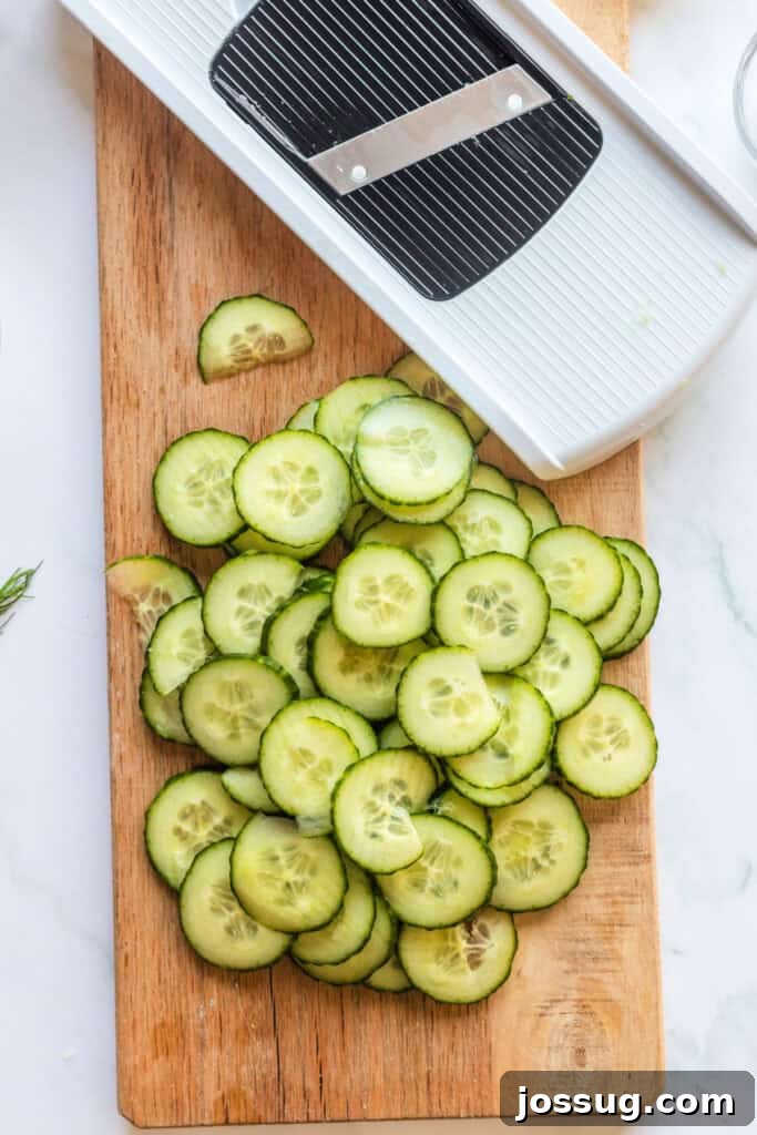Polish Dill Cucumber Salad 4 Thin, uniformly cut cucumber slices arranged neatly on a light wooden cutting board, with a mandoline slicer placed beside them, ready for use.