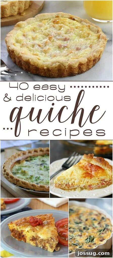 A collage featuring various easy and delicious quiche recipes, showcasing different fillings and crusts perfect for any meal.