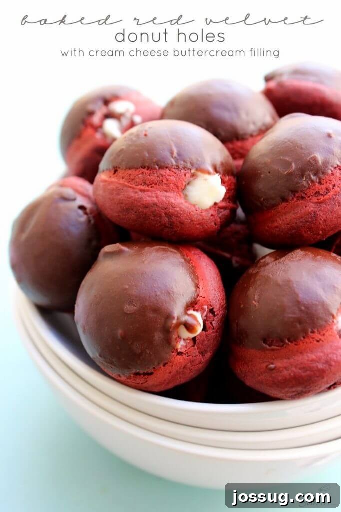 Decadent Dark Cherry Almond Crunch Bars 8 Baked Red Velvet Donut Holes in a white bowl closeup to show texture of food.
