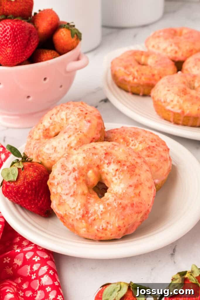 Strawberry Kissed Vanilla Cake Donuts 2 three vanilla cake donuts with strawberry glaze on a plate
