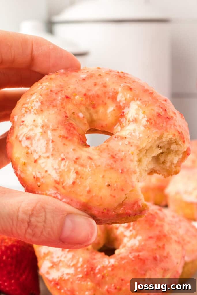 Strawberry Kissed Vanilla Cake Donuts 4 hand holding a donut with a bite taken out of it