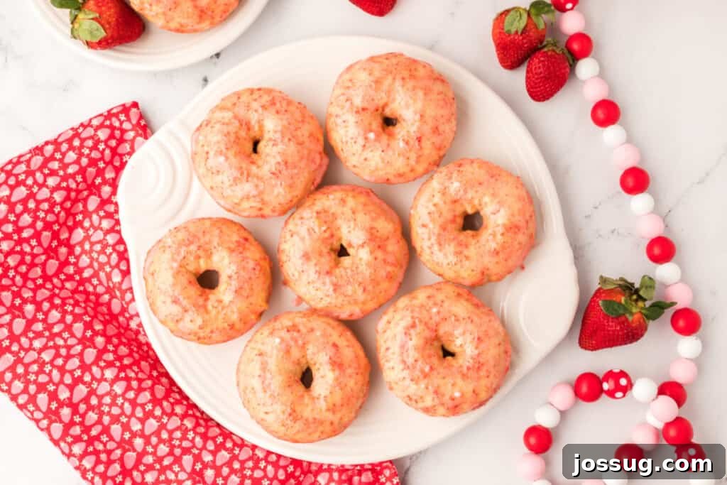 Strawberry Kissed Vanilla Cake Donuts 6 looking down onto a platter filled with donuts