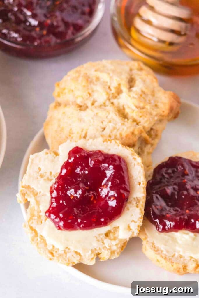 Amazing 3 Ingredient Scones 2 A perfectly split scone, generously topped with creamy butter and vibrant raspberry jam, with a rustic basket of more golden scones blurred in the background, inviting a delicious bite.