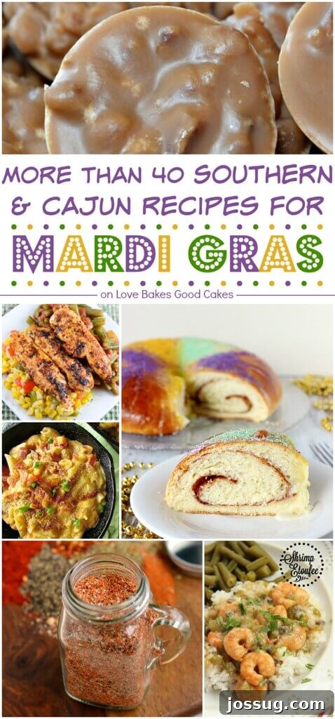 A Taste of Mardi Gras: Over 40 Southern and Cajun Recipes 2 A vibrant collage featuring a variety of more than 40 Southern and Cajun recipes perfect for Mardi Gras, showcasing dishes like gumbo, jambalaya, king cake, and beignets.