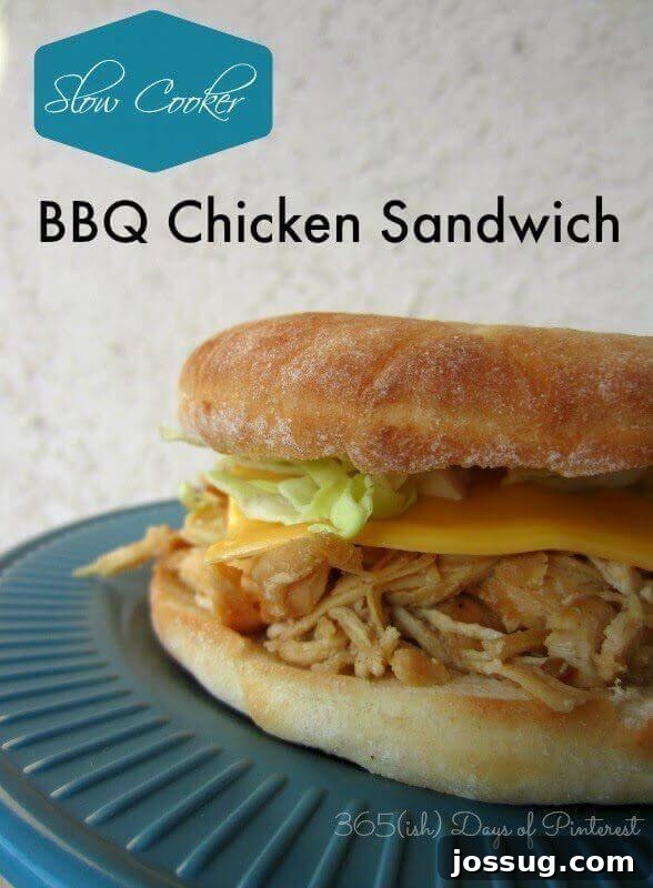 A hearty Slow Cooker BBQ Chicken Sandwich served on a blue plate, garnished with fresh cilantro.