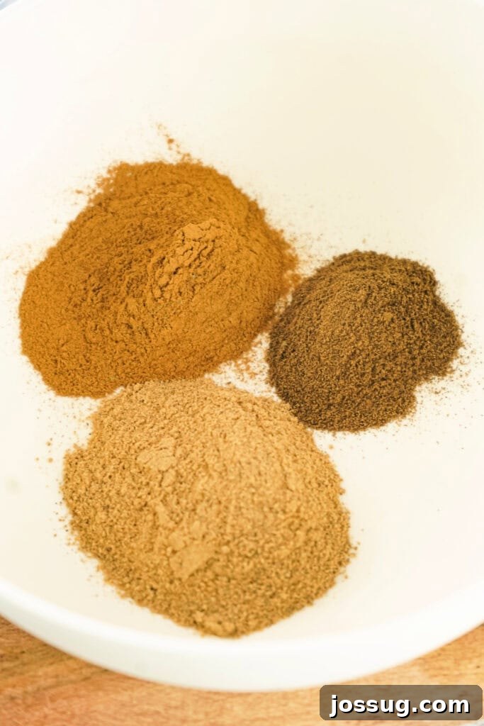 Three distinct mounds of ground spices (cinnamon, nutmeg, allspice) in a clean white mixing bowl, illustrating the initial step of combining ingredients