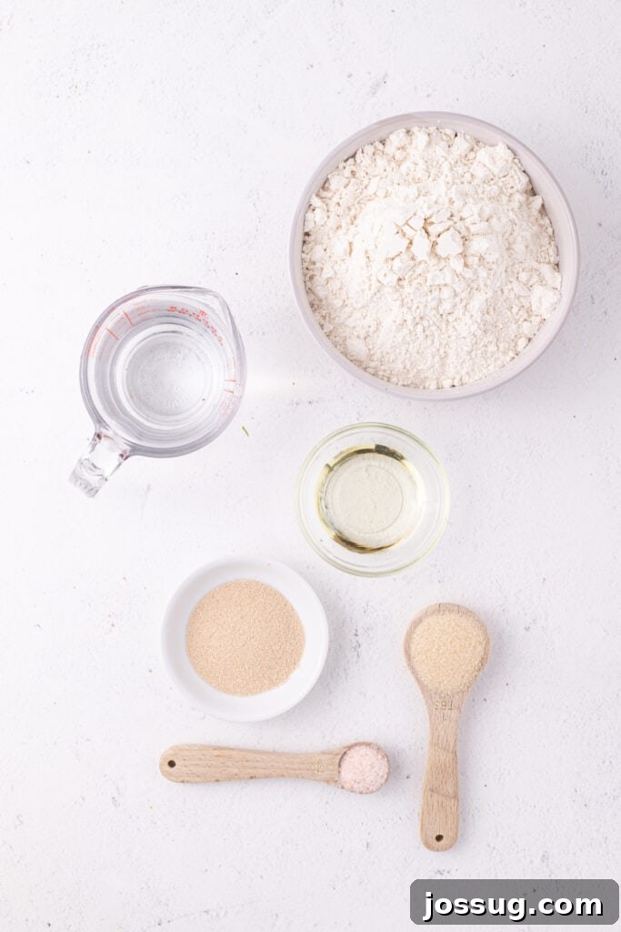 Ingredients for bread in a bag recipe including flour, yeast, sugar, salt, oil, and water