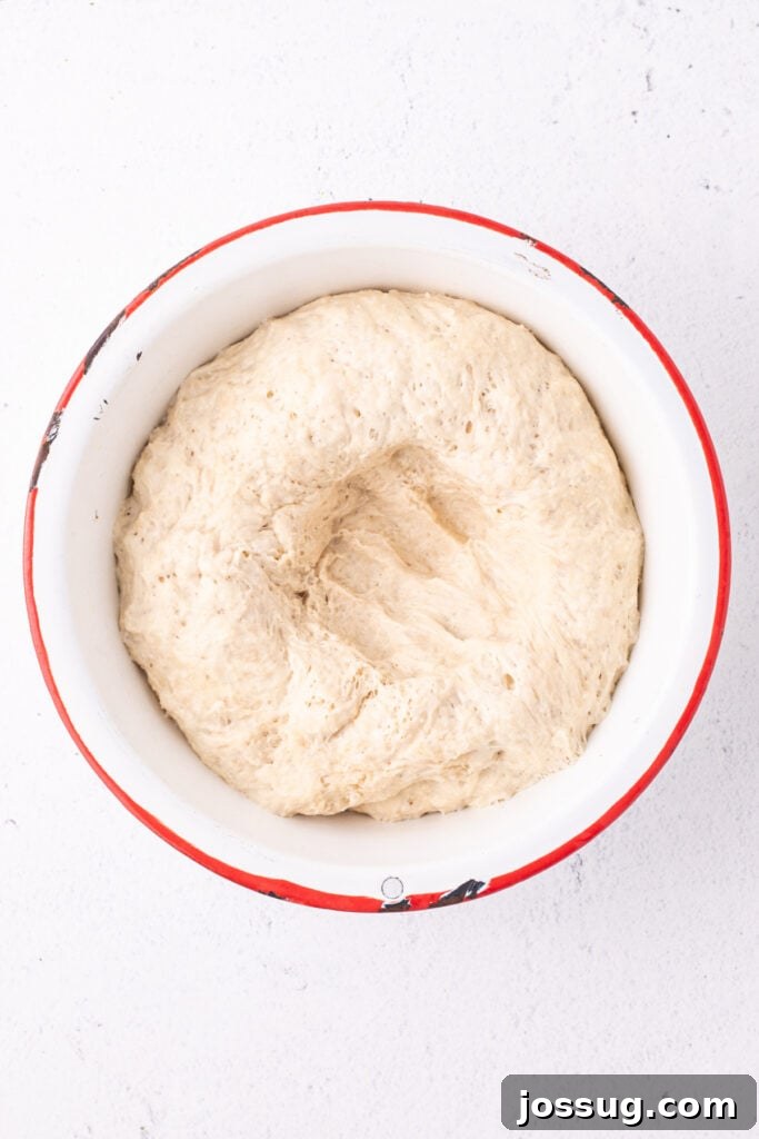 Dough risen and doubled in size in a white bowl with a hand mark showing it being punched down