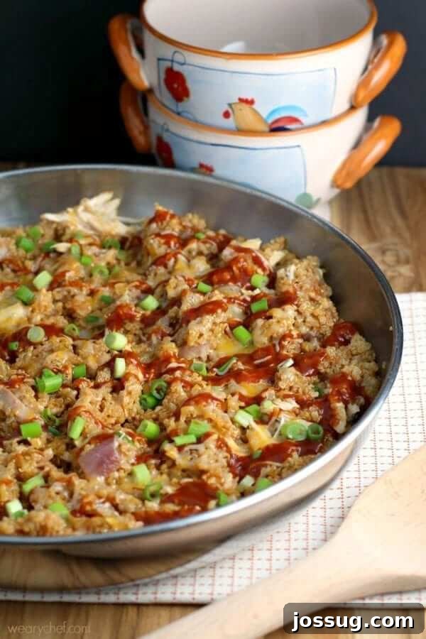Delicious BBQ Chicken Quinoa Skillet Dinner in a pan