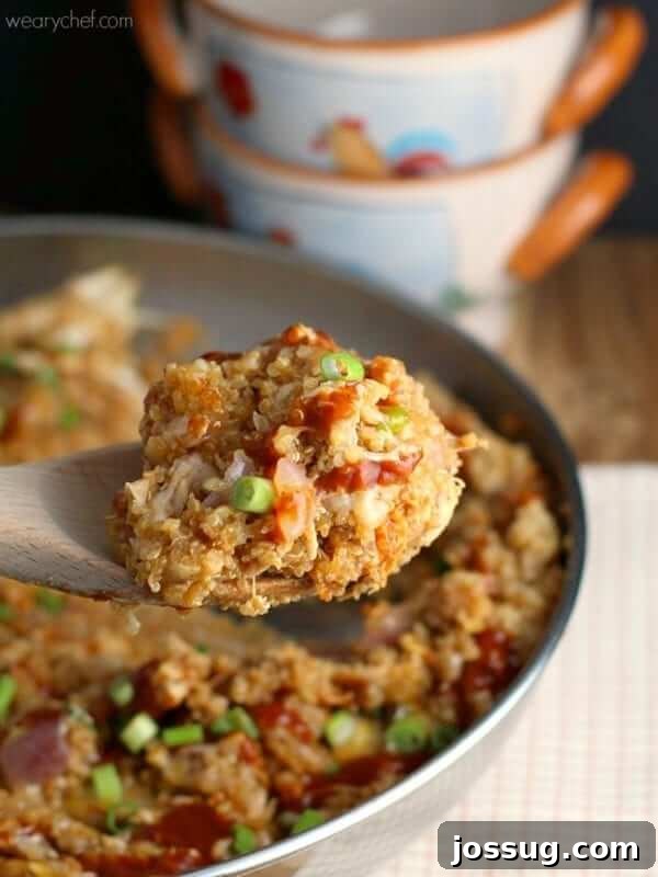 Close-up of the finished BBQ Chicken Quinoa Skillet