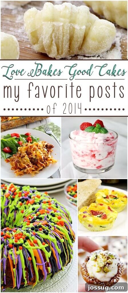 A collage of ten diverse and delicious recipes, highlighting the author's favorite posts from 2014, including savory bakes, fresh guacamole, lemon desserts, and festive cakes.