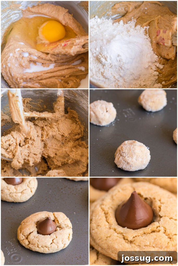 Sweet Peanut Butter Blooms 4 A vibrant image demonstrating how to make peanut butter blossoms, with dough balls and chocolate kisses ready for baking.
