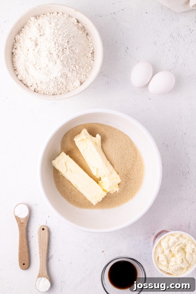 Pillowy Italian Ricotta Cookies 5 Butter and sugar in a white mixing bowl with other ingredients nearby, ready for creaming