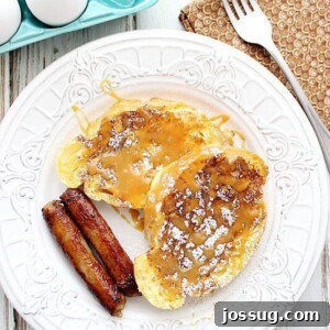 A freshly made Salted Caramel French Toast stack with caramel drizzle.