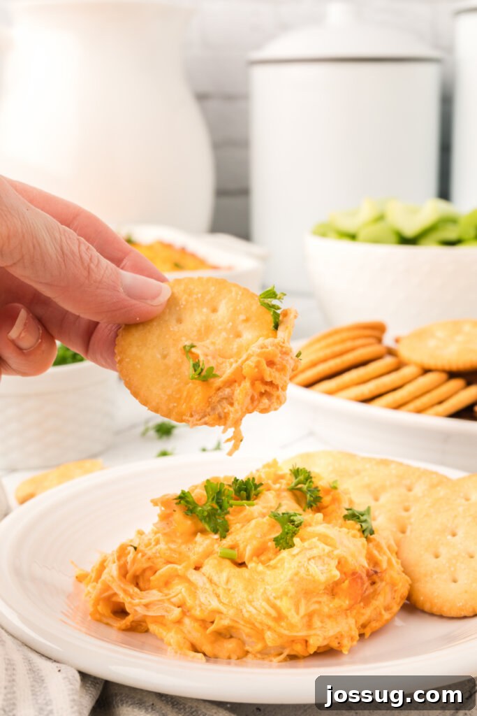 Ultimate Buffalo Chicken Dip 4 Cracker generously scooping up creamy, cheesy Buffalo Chicken Dip, ready for a delicious bite.