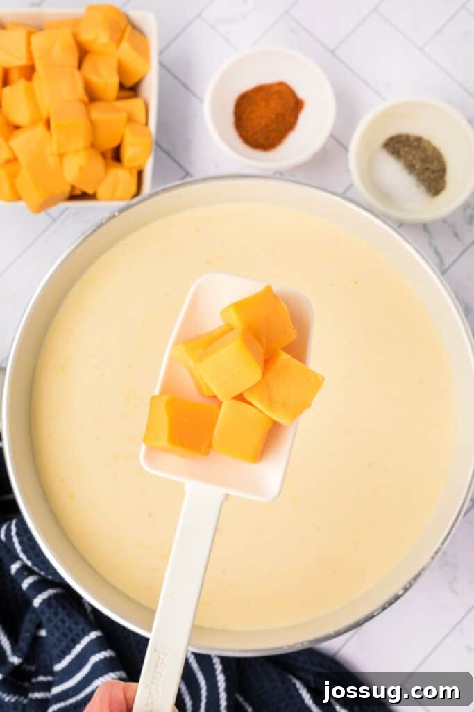 A cluster of Velveeta cheese cubes is held aloft on a white spatula, poised above a pot of invitingly creamy soup, ready to be stirred in and melt into a velvety consistency. Small bowls of cayenne and black pepper are also visible, awaiting their turn for seasoning.