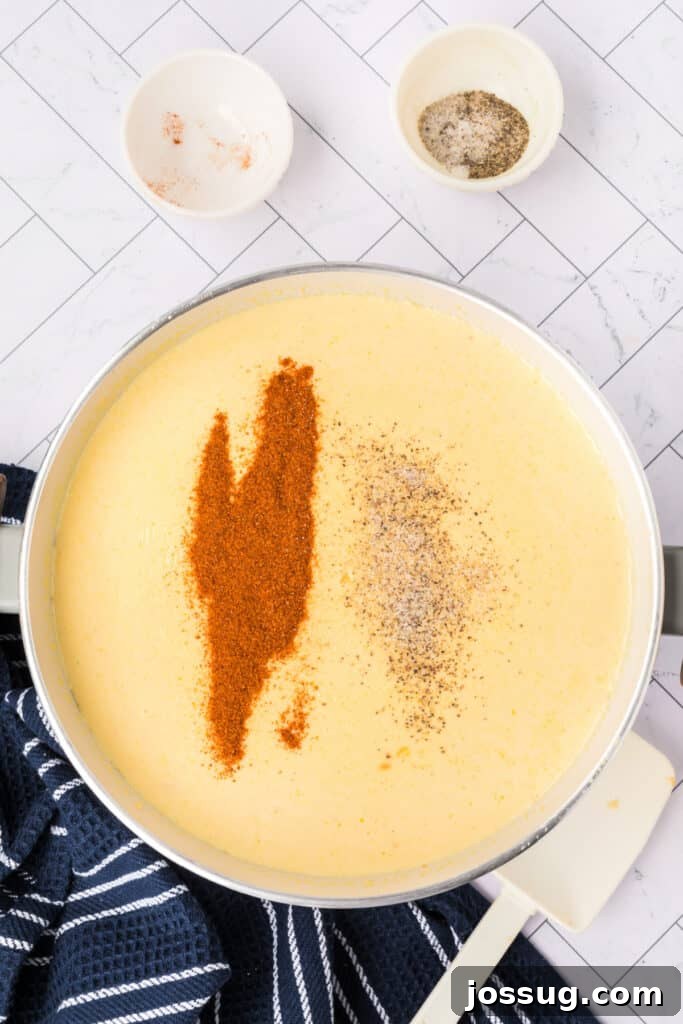 An overhead view captures the moment just before stirring, with a delicate dusting of vibrant cayenne pepper and freshly ground black pepper sprinkled artfully over the surface of the rich, creamy cheese soup in the pot.