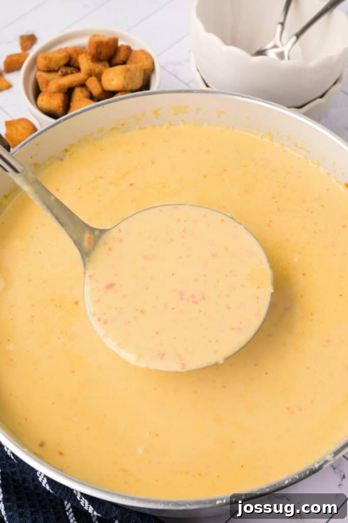 A ladle, brimming with rich, golden, and incredibly creamy cheese soup, is expertly suspended above the pot, showcasing the luxurious texture. Small, tender bits of pureed vegetables are subtly visible within the velvety broth, hinting at the depth of flavor.