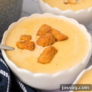 Square-format image showing creamy cheese soup with croutons in a white bowl, placed near a pot and blue striped towel, ready to be enjoyed.