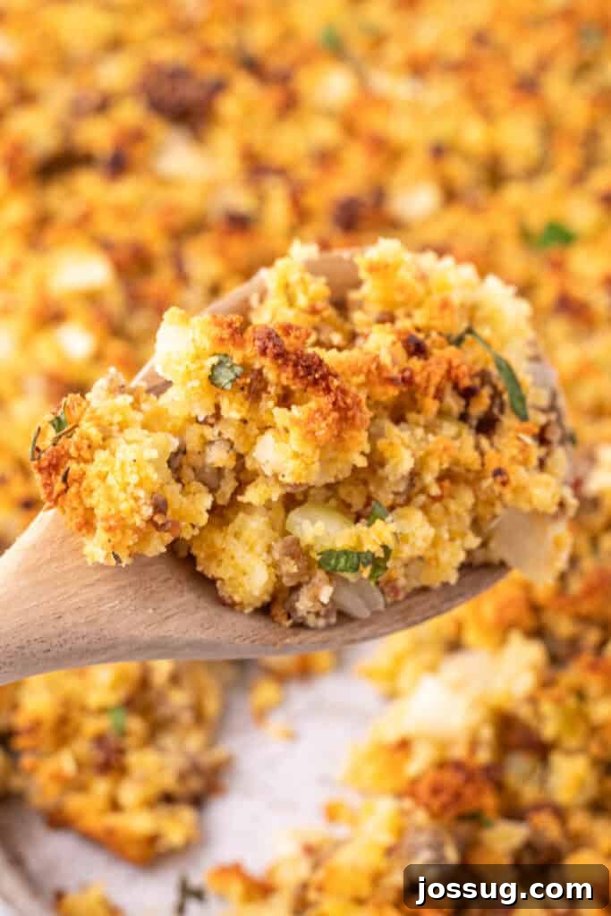Homestyle Cornbread Dressing 12 Close up of a wooden spoon holding a scoop of golden brown Southern cornbread dressing with browned edges, sausage, onions, and fresh herbs.