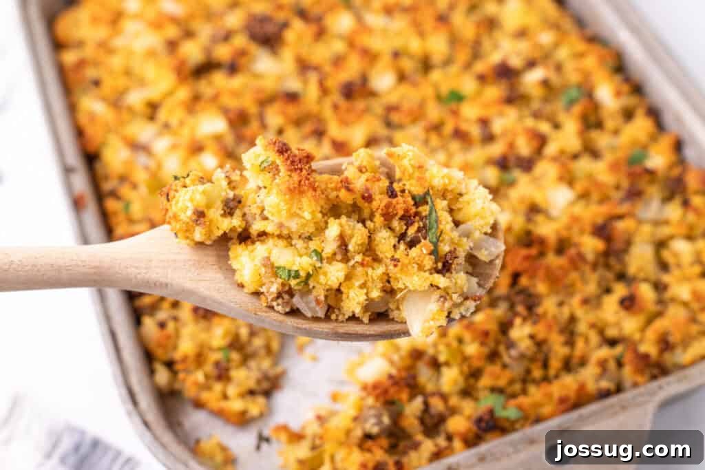 Homestyle Cornbread Dressing 13 Close up of a wooden spoon lifting a serving of golden brown Southern cornbread dressing from the baking dish, showing the crumbly texture and sausage pieces.