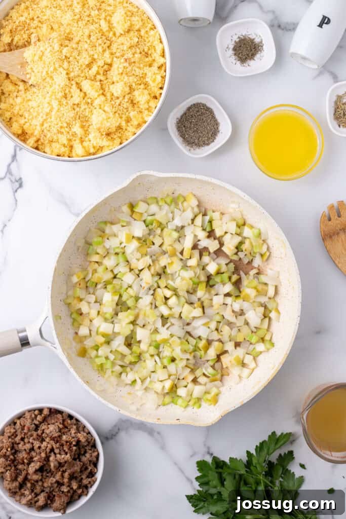 Homestyle Cornbread Dressing 6 Sautéed onions, celery, and apples in a skillet next to ingredients for cornbread dressing including crumbled cornbread and spices.