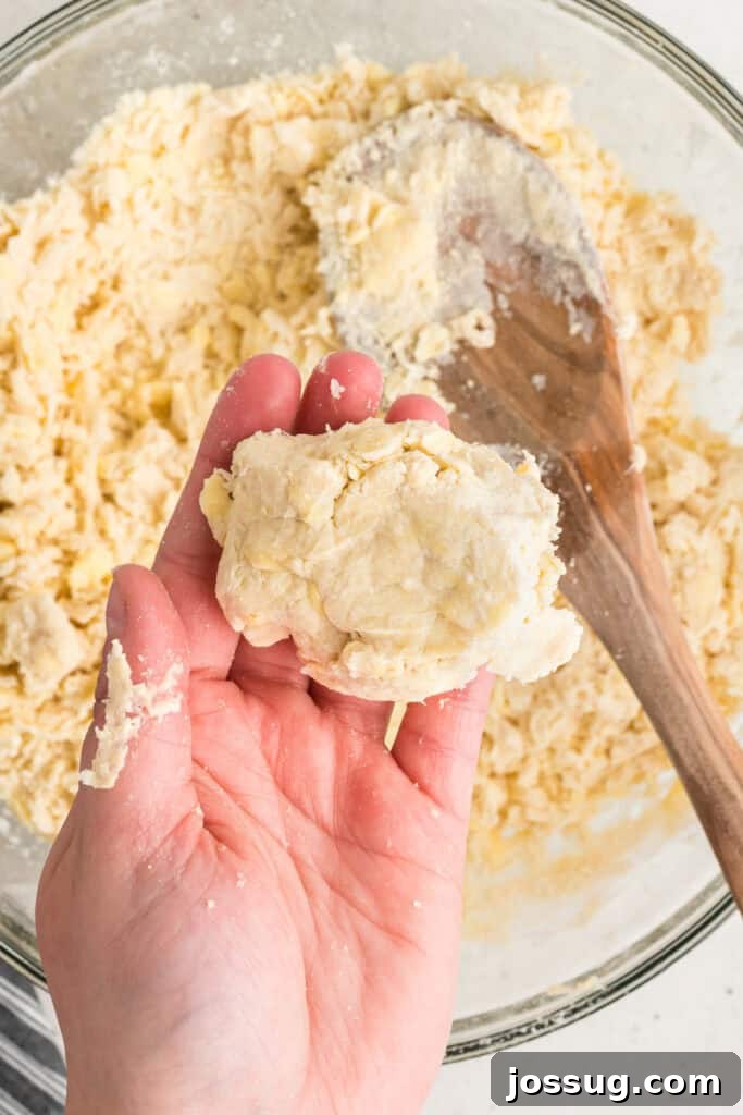 Hand holding a portion of butter pie crust dough showing proper texture