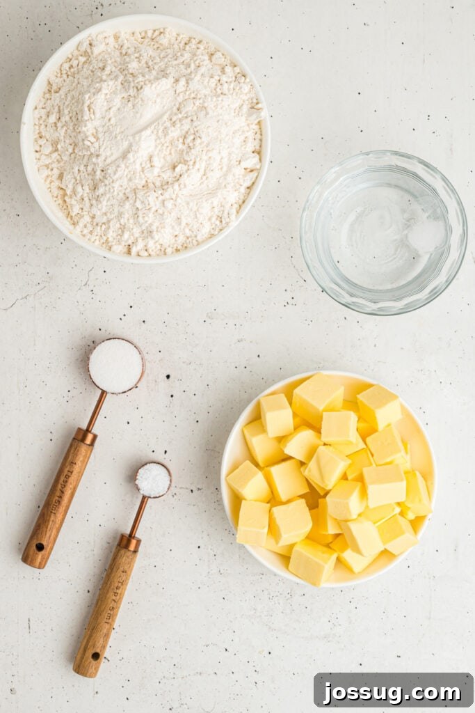 Overhead view of ingredients for butter pie crust including flour, butter, water, sugar, and salt