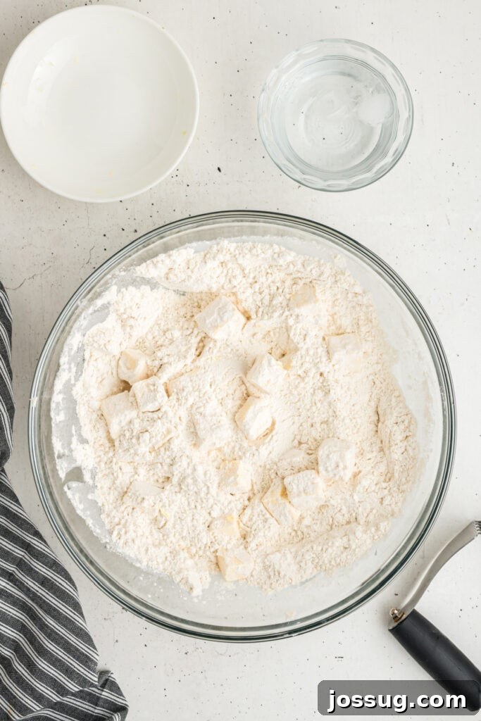 Butter cubes coated with flour in a mixing bowl for pie crust preparation