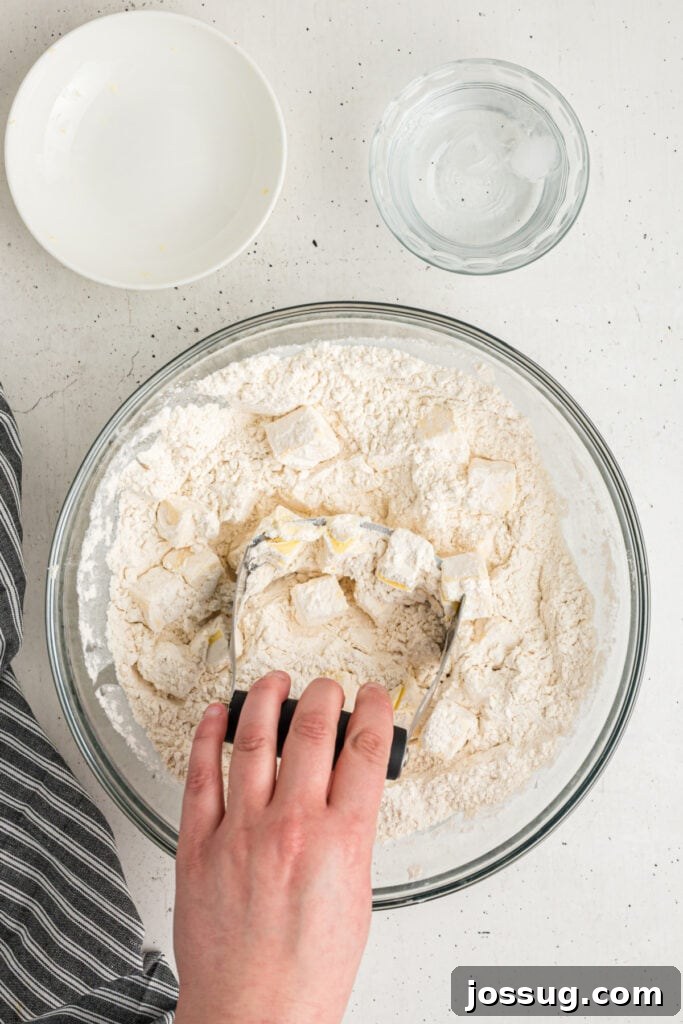 Pastry blender cutting butter into flour mixture for easy pie crust recipe
