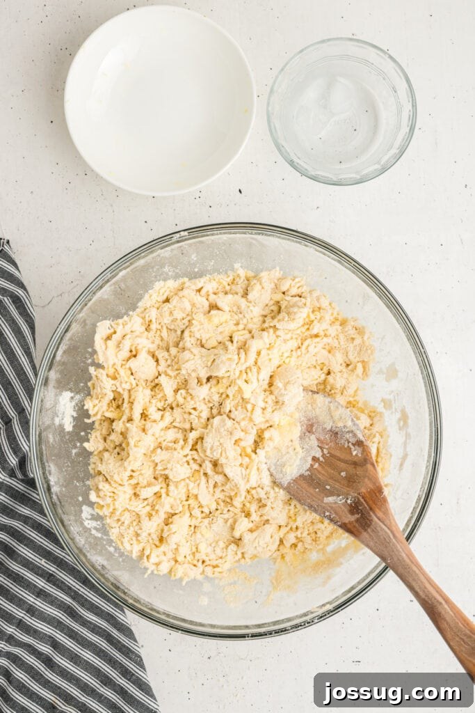 Wooden spoon mixing pie crust dough after adding water