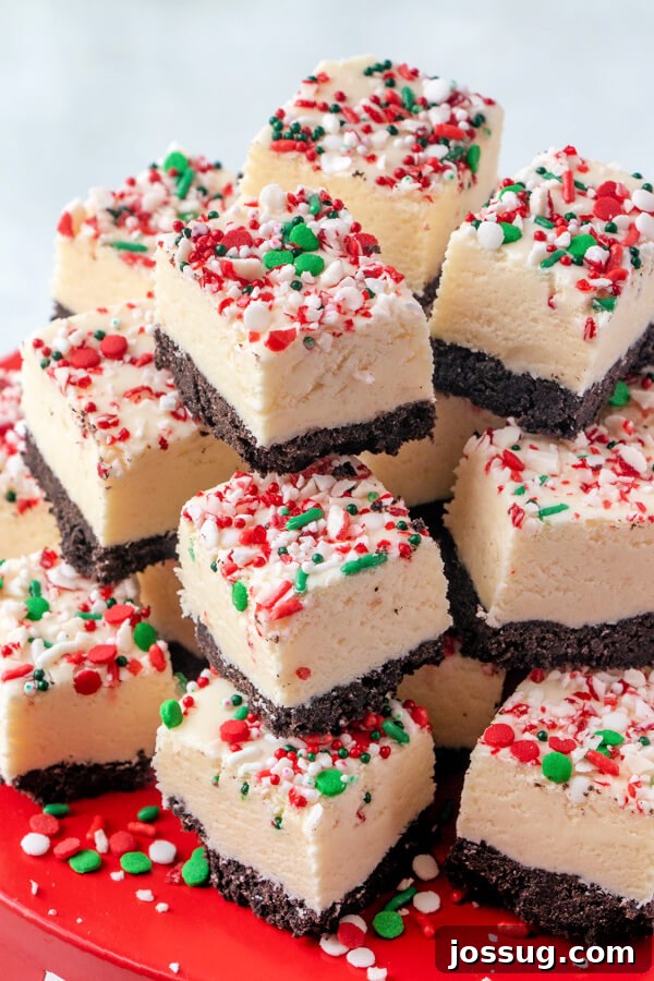 Individual pieces of white chocolate peppermint fudge arranged beautifully, ready for serving or gifting.