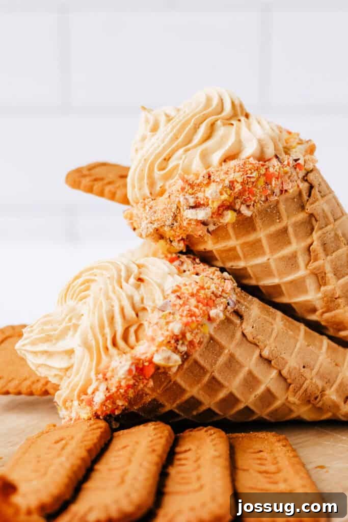 Two finished pumpkin cheesecake cones with elegantly piped filling and Biscoff cookies on top, ready to be served.