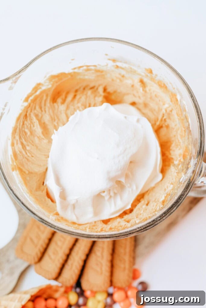 Cool Whip added to the pumpkin cheesecake mixture in a glass bowl, illustrating the final stage of preparing the fluffy filling.