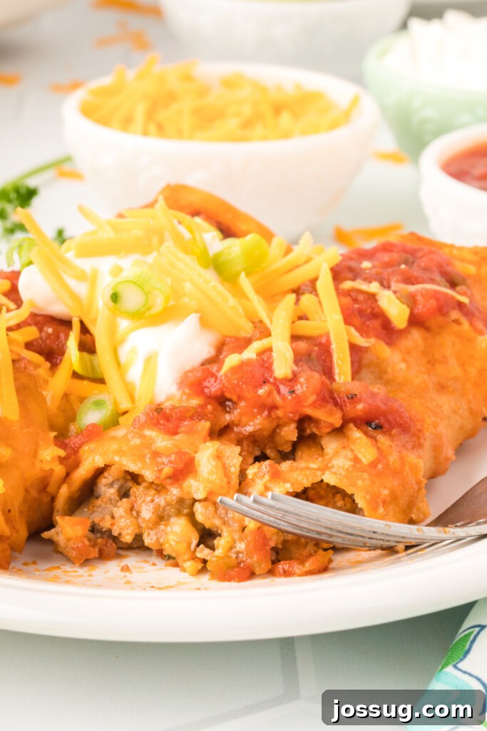 closeup of ground beef enchiladas on plate, garnished with fresh cilantro and a dollop of sour cream