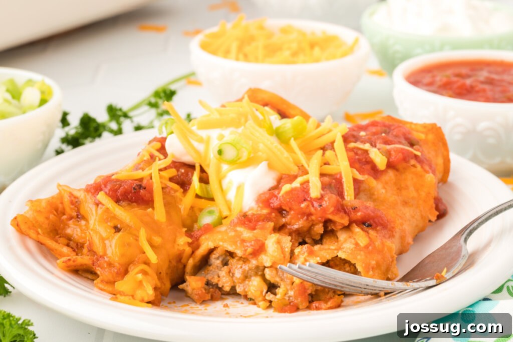 ground beef enchiladas on a plate, with a side of refried beans and Mexican rice