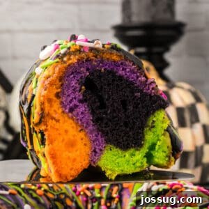 Bewitched Bundt Cake 25 Square image of sliced Halloween Bundt Cake with orange, purple, green, and black layers topped with sprinkles.