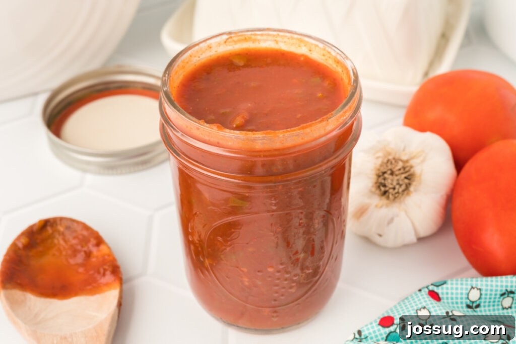 easy enchilada sauce in a clear glass jar, with a rustic kitchen background, ready to be used or stored