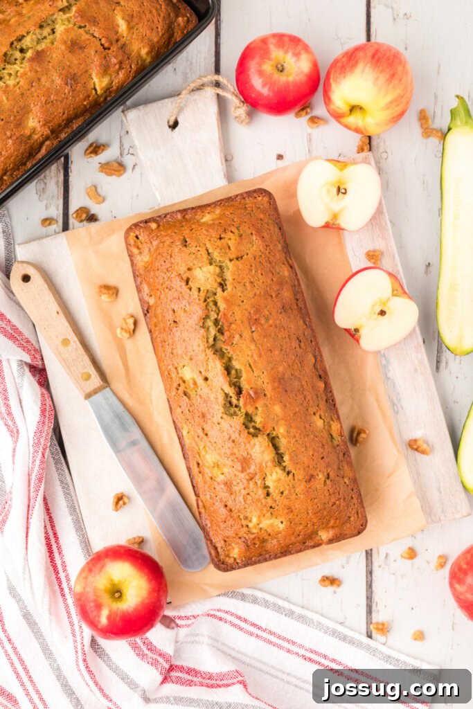 Spiced Apple Zucchini Bread 3 looking down onto a whole loaf of apple zucchini bread