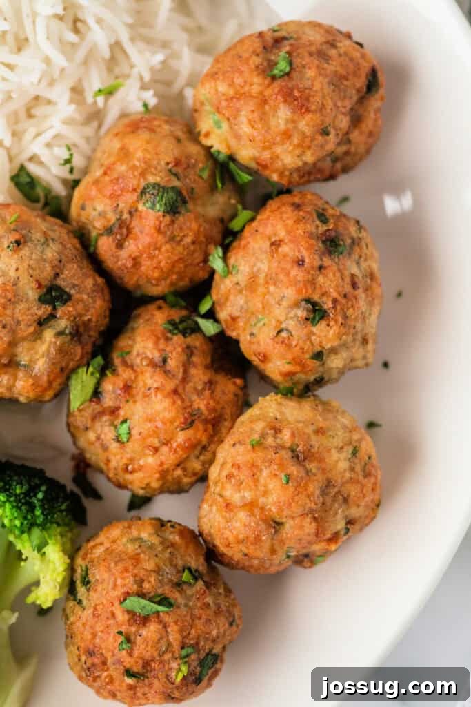 Close-up view of golden air fried chicken meatballs served with steamed broccoli and fluffy white rice, garnished with fresh green parsley