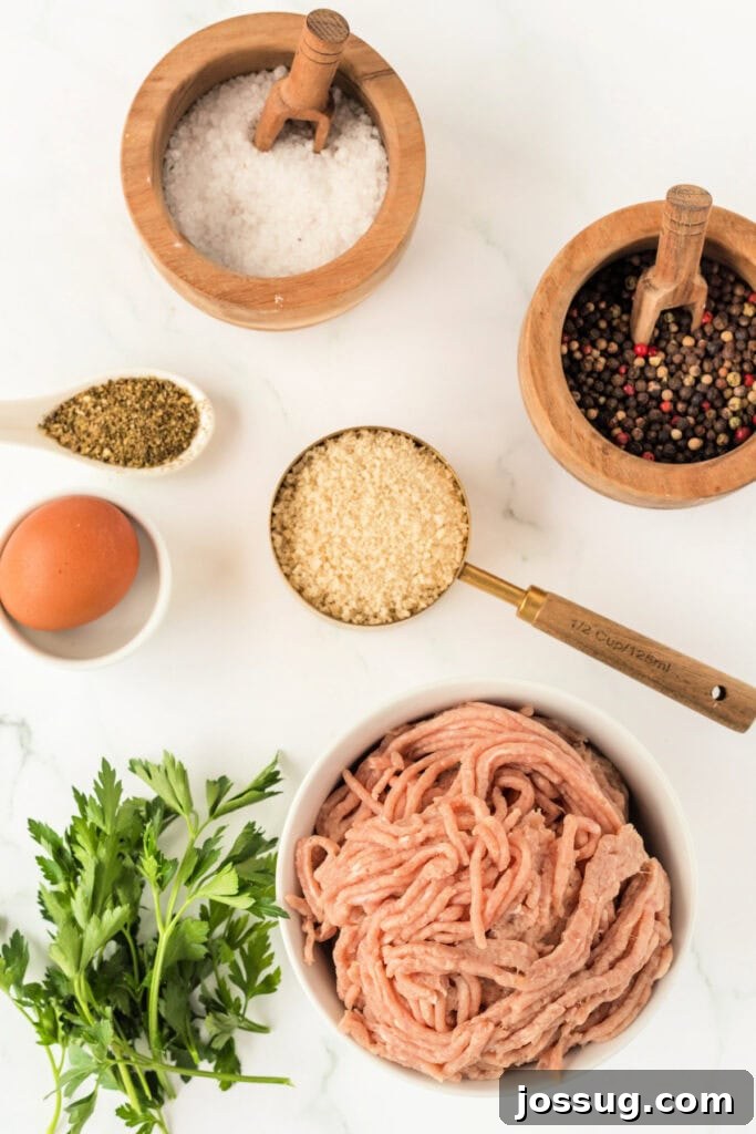 Overhead view of all ingredients for air fryer chicken meatballs laid out on a white marble surface including ground chicken, egg, panko breadcrumbs, fresh parsley, Italian seasoning, salt, and pepper, ready for preparation
