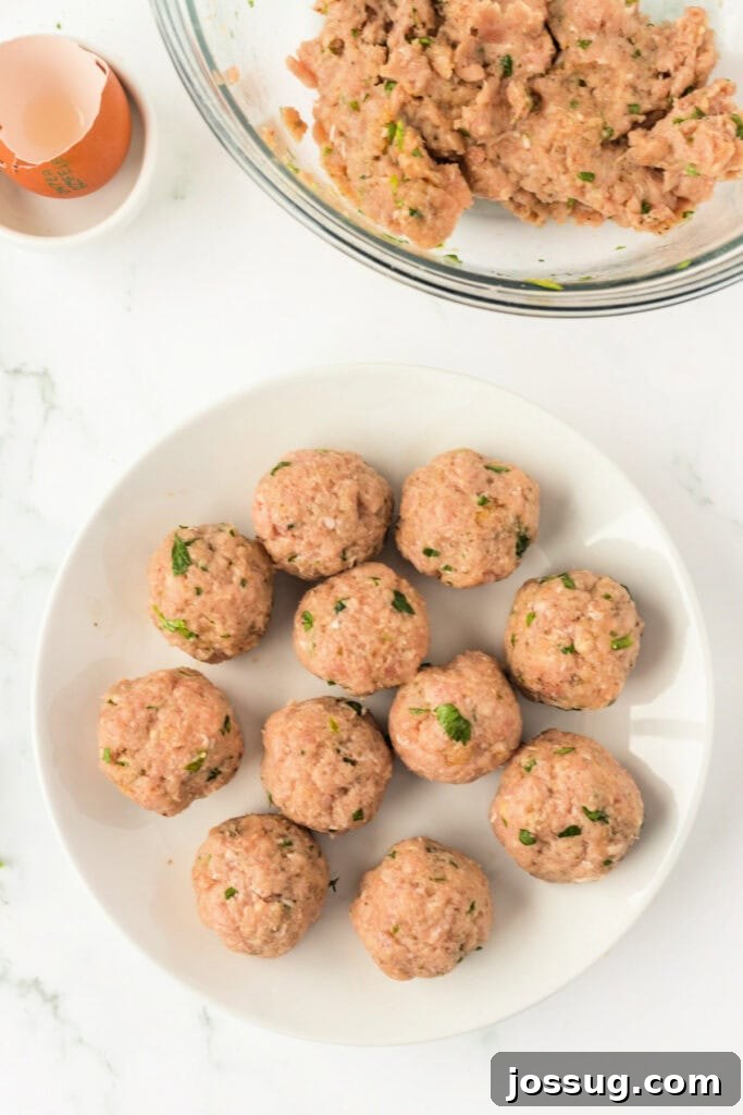 Plate with uncooked chicken meatballs, perfectly shaped and uniformly sized, ready to be transferred to the air fryer basket for cooking