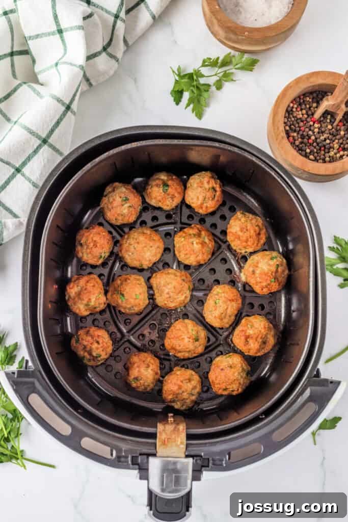 Golden brown chicken meatballs, perfectly cooked in the air fryer, resting in the basket with visible seasonings and herbs, demonstrating a crispy exterior