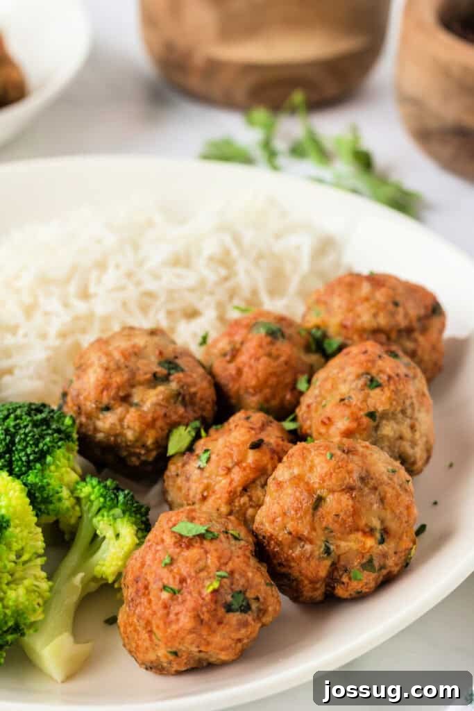 A plate of golden and crispy air fryer chicken meatballs served alongside fresh steamed broccoli and fluffy white rice, garnished with a sprinkle of fresh parsley for a complete meal
