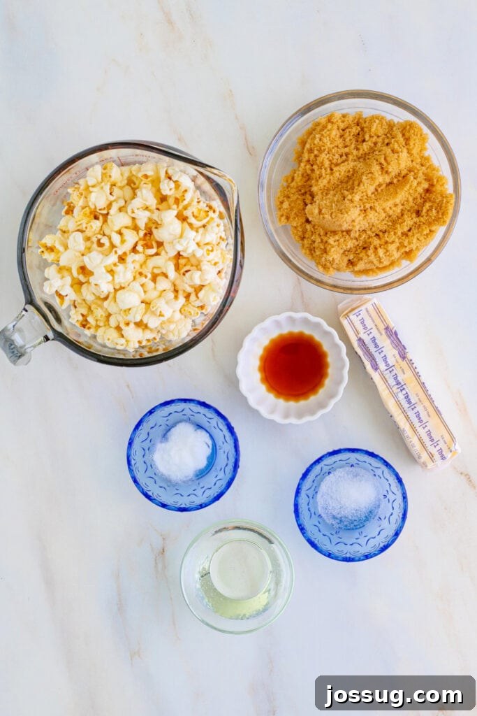 Overhead view of precisely measured caramel corn ingredients: fluffy air-popped popcorn, rich golden brown sugar, clear light corn syrup, creamy butter, fine salt, pure vanilla extract, and a small pile of baking soda, each carefully arranged in individual bowls.