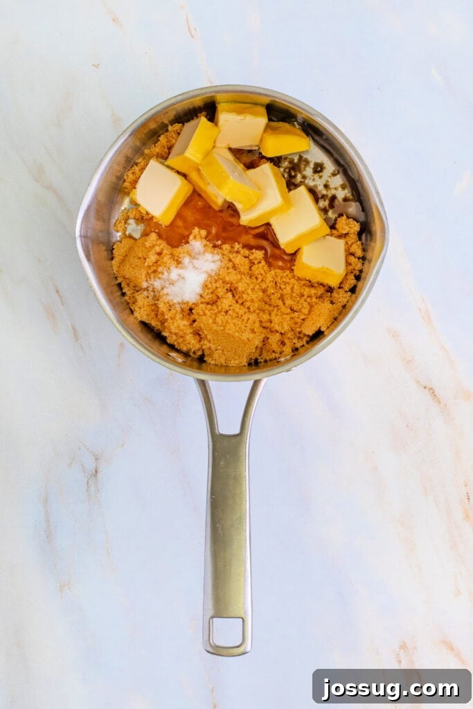 Saucepan containing all the caramel ingredients – chunks of butter, light brown sugar, a sprinkle of salt, and a measure of corn syrup – perfectly arranged before being heated and melted into a luscious caramel sauce.