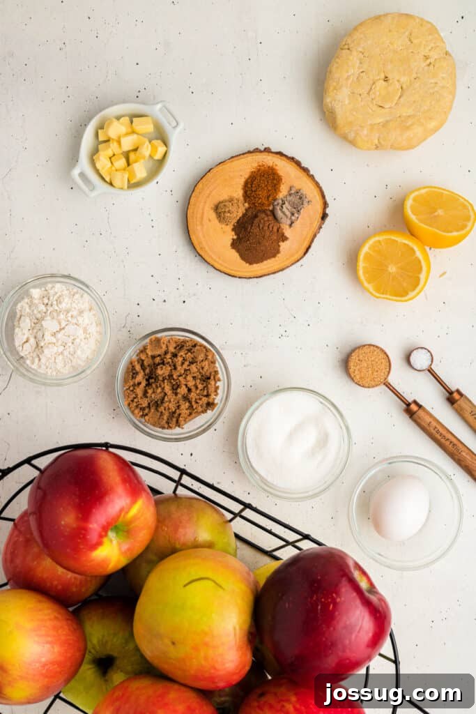 Overhead view of fresh apple pie ingredients, meticulously laid out, including crisp apples, all-purpose flour, granulated and brown sugars, a bright lemon, cold butter, a large egg, and an array of fragrant spices, ready for baking.