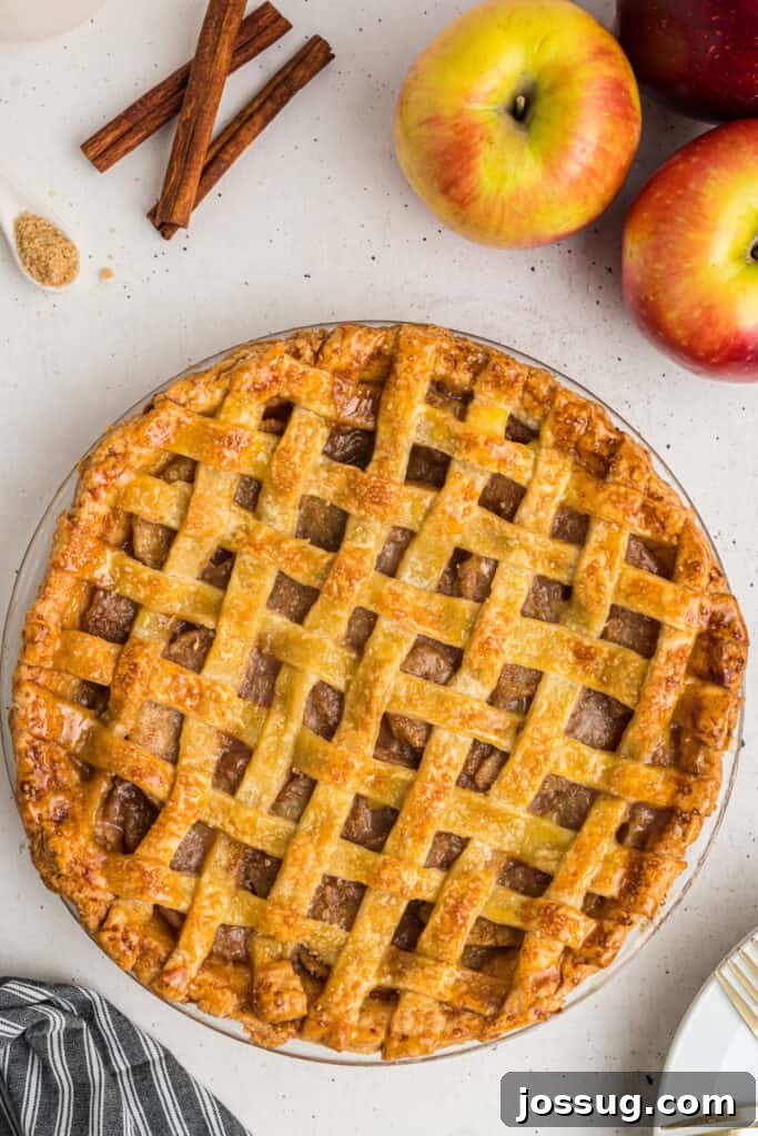 A beautifully golden baked apple pie with a perfectly browned lattice crust, gracefully positioned on a wooden table, adorned with fresh apples and cinnamon sticks, evoking autumn charm.