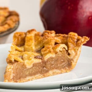 Close-up square photo of apple pie slice showing flaky crust and apple filling.