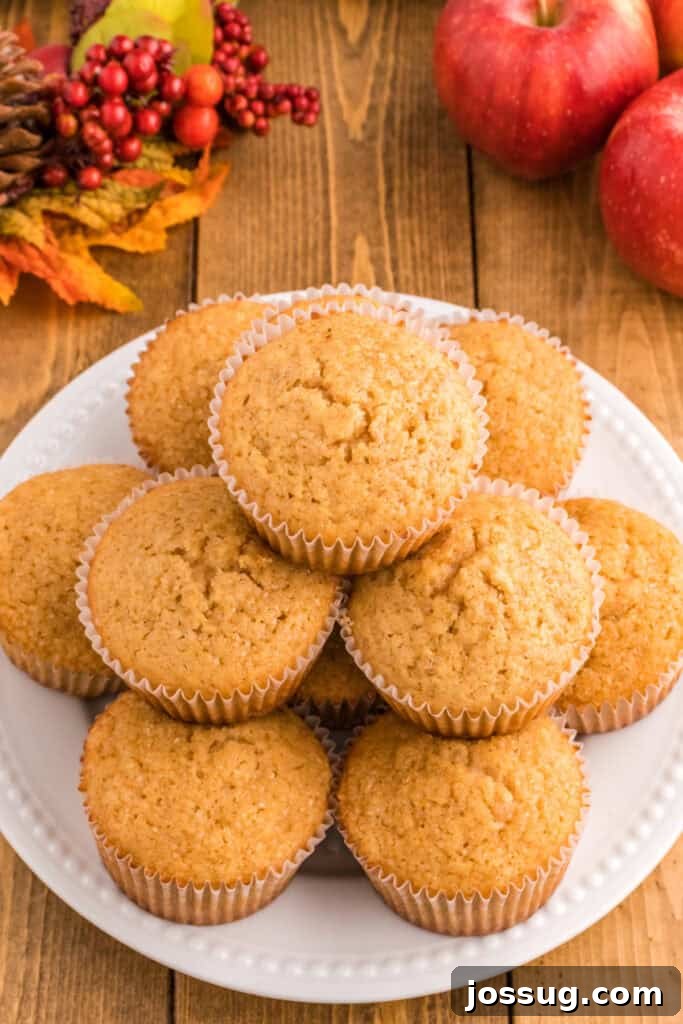 Cider Mill Muffins 2 Plate of golden brown apple cider muffins stacked high, styled with apples and fall decorations in the background.